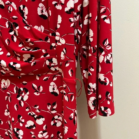 Lauren Ralph Lauren Red Floral Faux Wrap Jersey Dress Size 12 - Picture 11 of 15